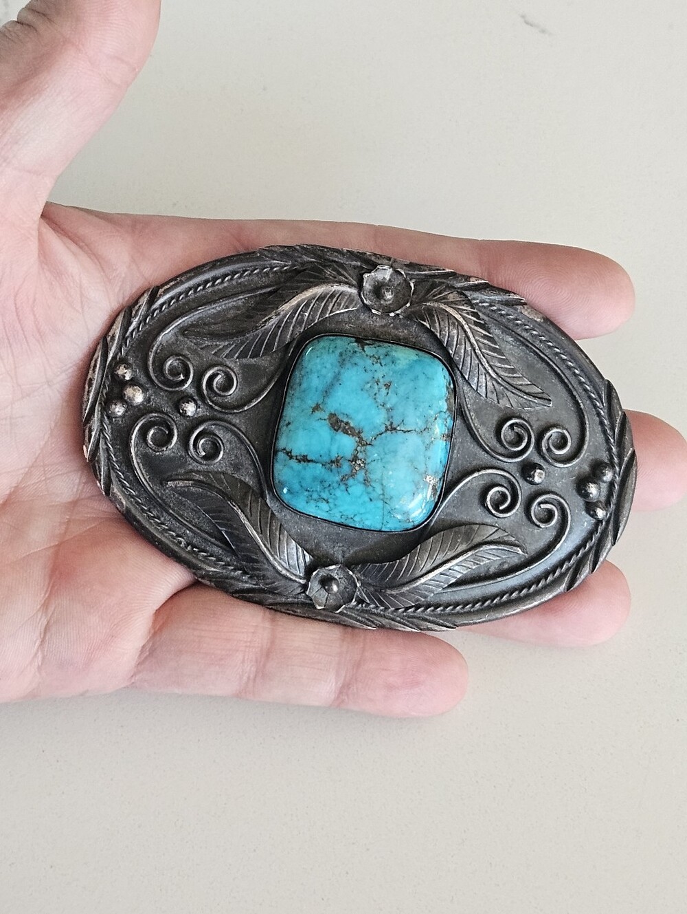Huge Vintage Navajo Signed Sterling Silver Kingman Blue Turquoise Belt Buckle